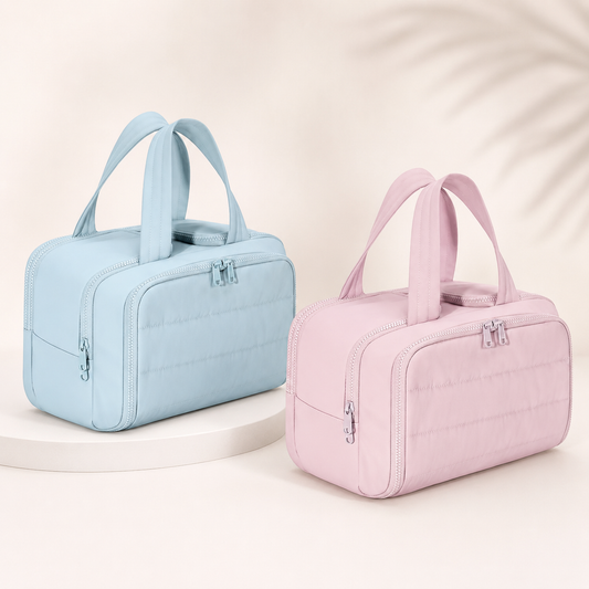 Geantă de voiaj All-in-One pentru cosmetice și esențiale, moale, încăpătoare, roz/albastru