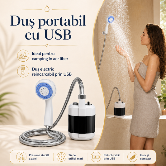 Duș electric portabil Reîncărcabil USB - perfect pentru camping sau locuri fără baie amenajată!